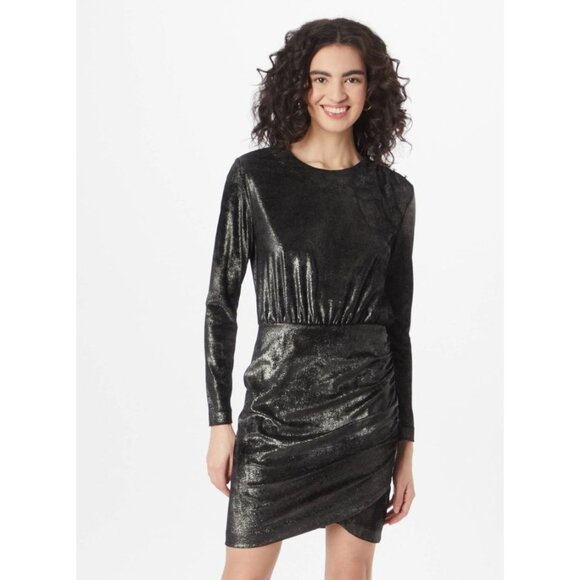 Boss Evaniwa Metallic Velvet Mini Dress Shoulder Button Ruched Black Wet Look LG - Picture 2 of 16